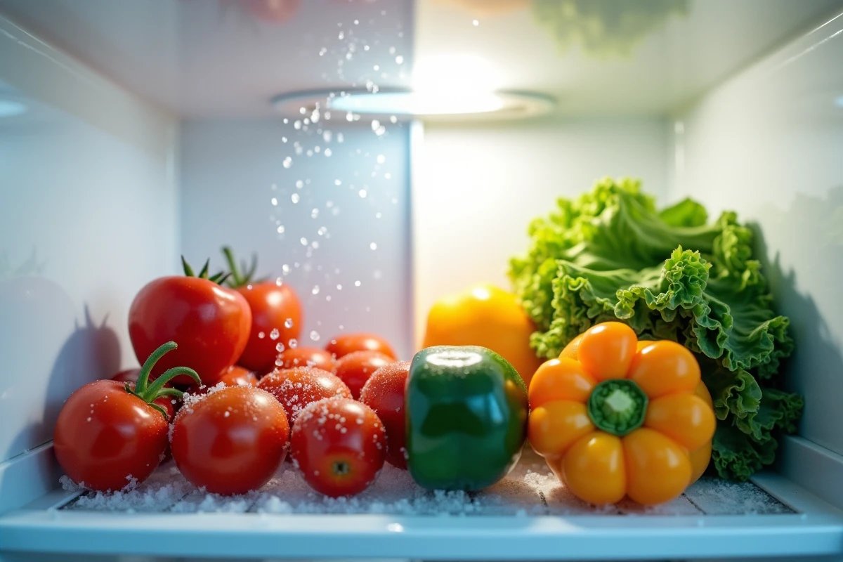 Intérieur de réfrigérateur montrant la différence entre le froid statique avec givre et le froid ventilé avec air circulant