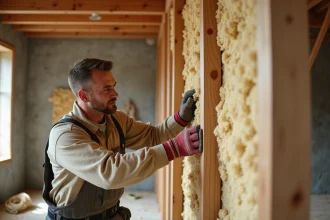 Artisan posant des rouleaux d'isolant en chanvre entre des montants en bois lors d'une rénovation intérieure