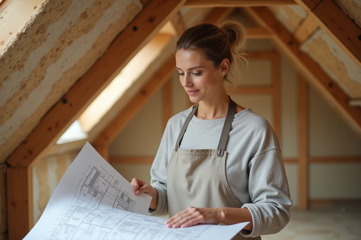 Femme artisane consultant un plan technique dans un grenier en cours d'isolation avec du chanvre