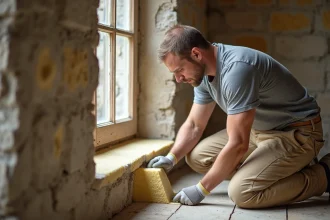 Artisan appliquant une isolation en laine minérale autour de l'encadrement d'une fenêtre ancienne en pierre