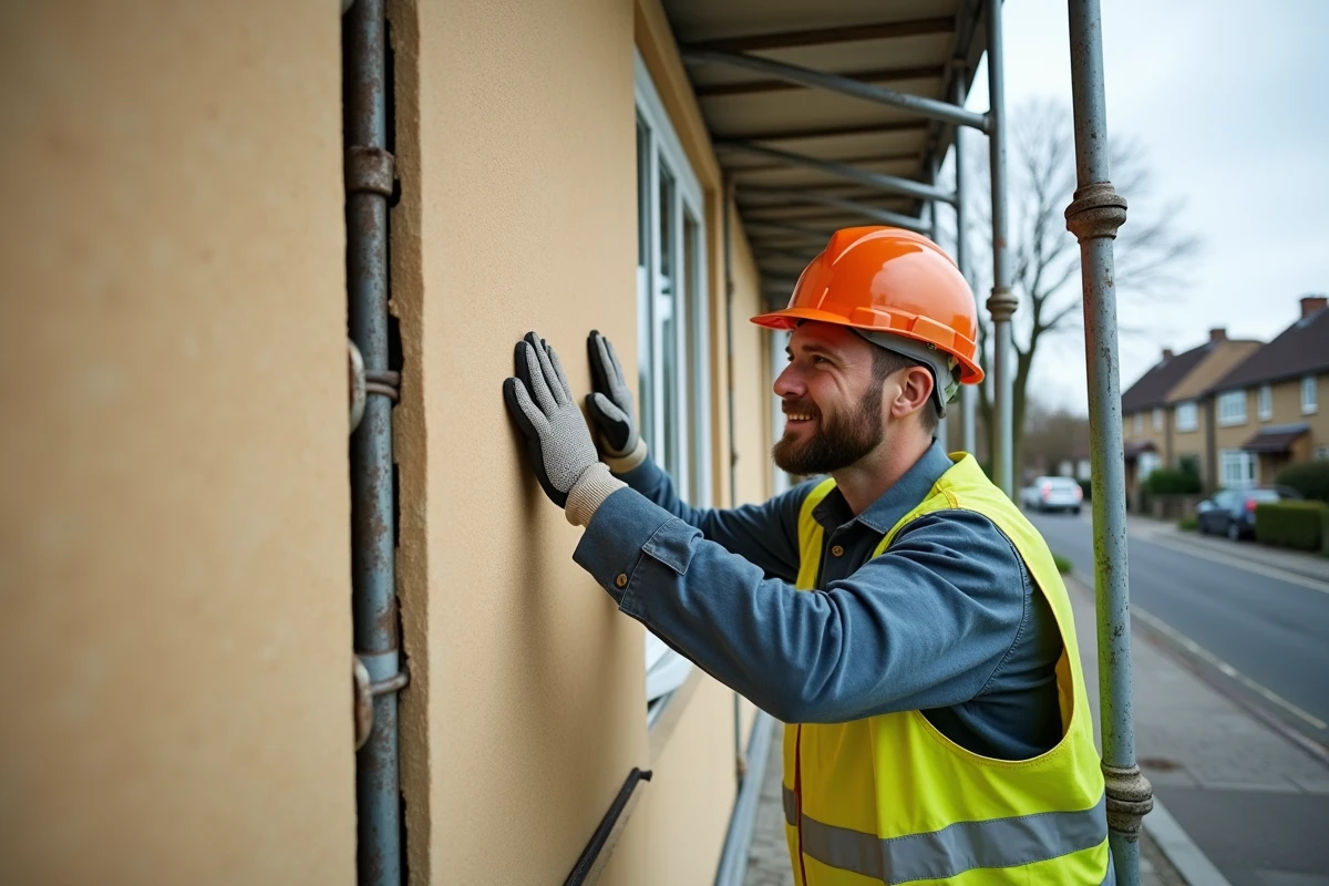 Ouvrier installant une isolation thermique par l'extérieur sur la façade d'un bâtiment en rénovation écologique