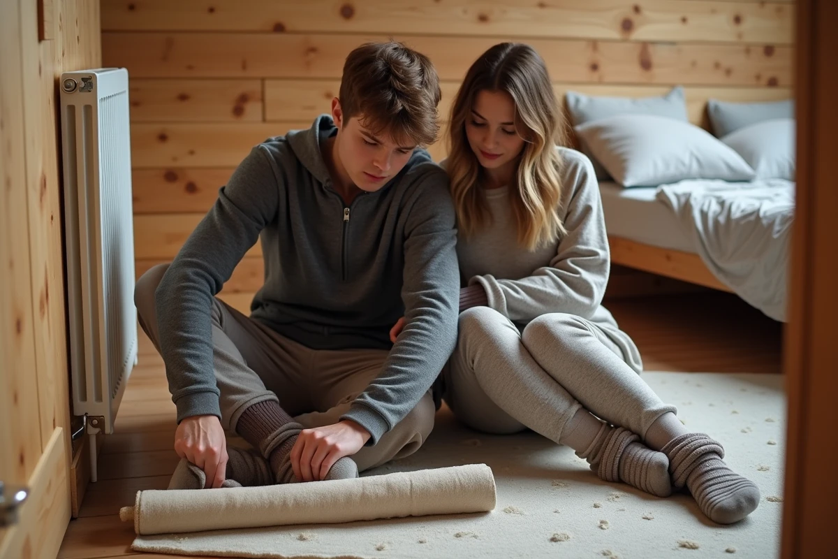 Couple posant un bas de porte en tissu pour éviter les courants d'air froid dans une chambre sans chauffage