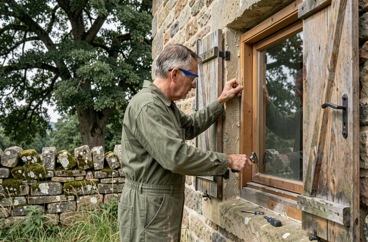 Artisan de Joanteguy Sarl rénovant une fenêtre en bois ancienne sur une ferme en pierre dans les Pyrénées-Atlantiques