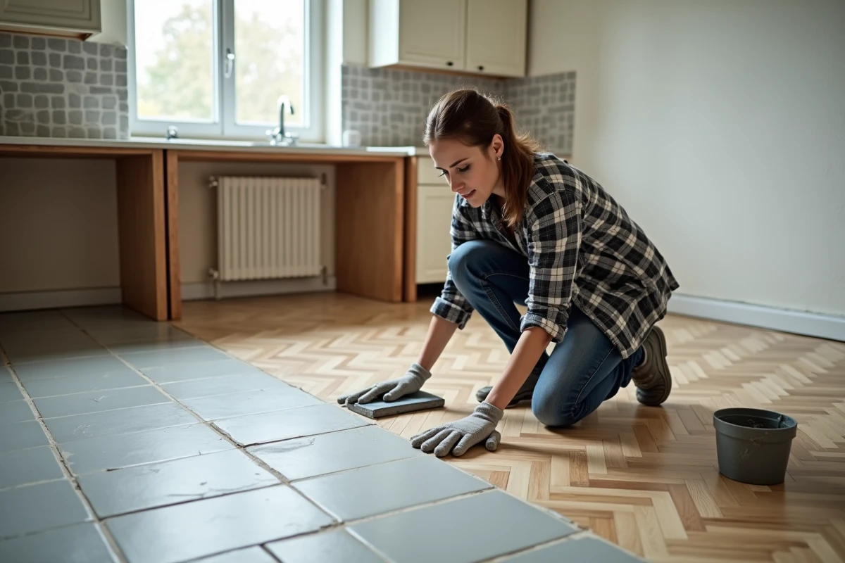 Femme appliquant le joint de carrelage sur un sol fraîchement carrelé au-dessus d'un parquet en rénovation