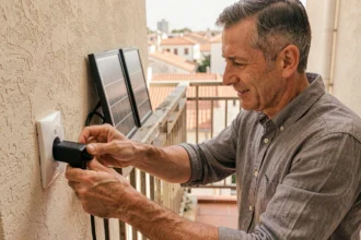 Homme branchant un kit solaire plug-and-play sur une prise murale de balcon en milieu urbain