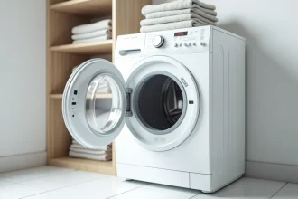 Lave-linge séchant combiné en façade blanche dans une buanderie moderne avec carrelage blanc et étagère en bois