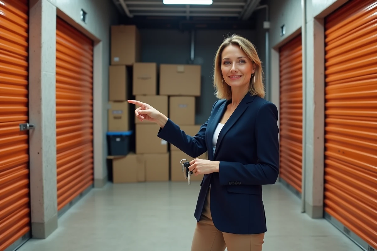 Femme devant un box de stockage ouvert dans un couloir de garde-meubles, illustrant la location d'un espace de stockage