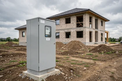 Logette de chantier grise posée en limite d'un terrain à bâtir