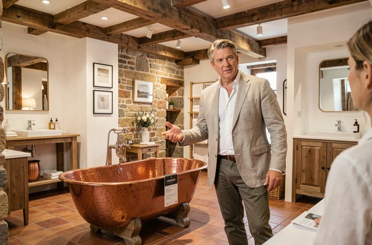 Consultant en décoration présentant une baignoire en cuivre dans un showroom de style maison bretonne
