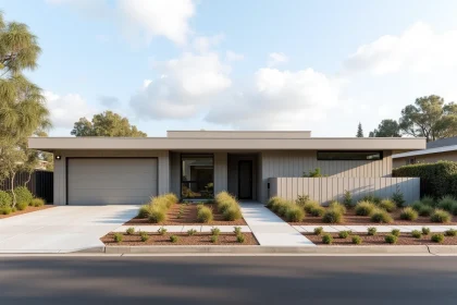 Façade extérieure d'une maison de plain-pied 4 chambres sur terrain étroit avec bardage gris et fenêtres aluminium