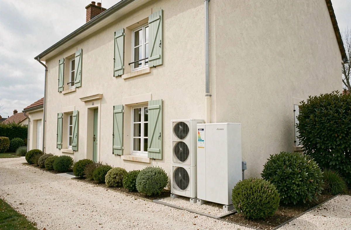Vue extérieure d'une maison de banlieue française avec une pompe à chaleur air-eau installée contre le mur latéral