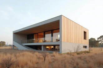 Maison rectangulaire moderne à toit à double pente, construction efficace en bois et béton en milieu semi-rural