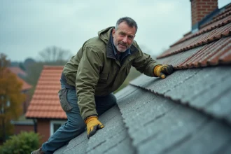 Couvreur posant des panneaux isolants sur une toiture résidentielle en pente