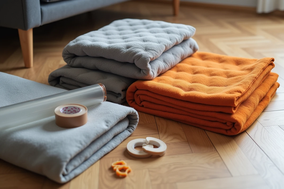 Matériel de protection pour déménagement de canapé disposé sur un parquet : couvertures, film étirable, protège-coins en mousse et ruban adhésif