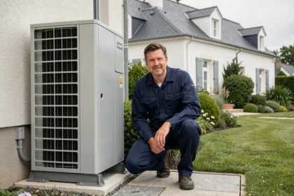 Technicien installant une pompe à chaleur sur une maison résidentielle dans les Pays de la Loire