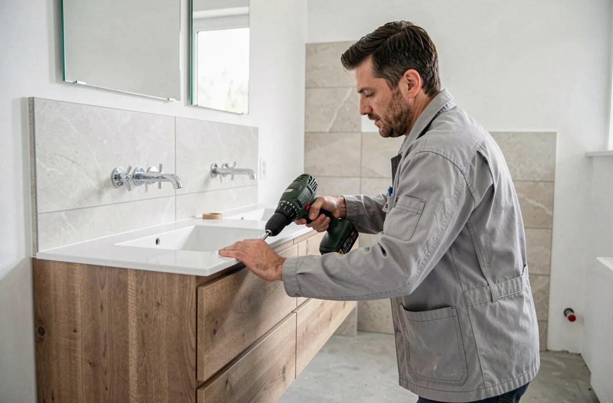 Spécialiste en rénovation installant un meuble vasque double dans une salle de bain contemporaine