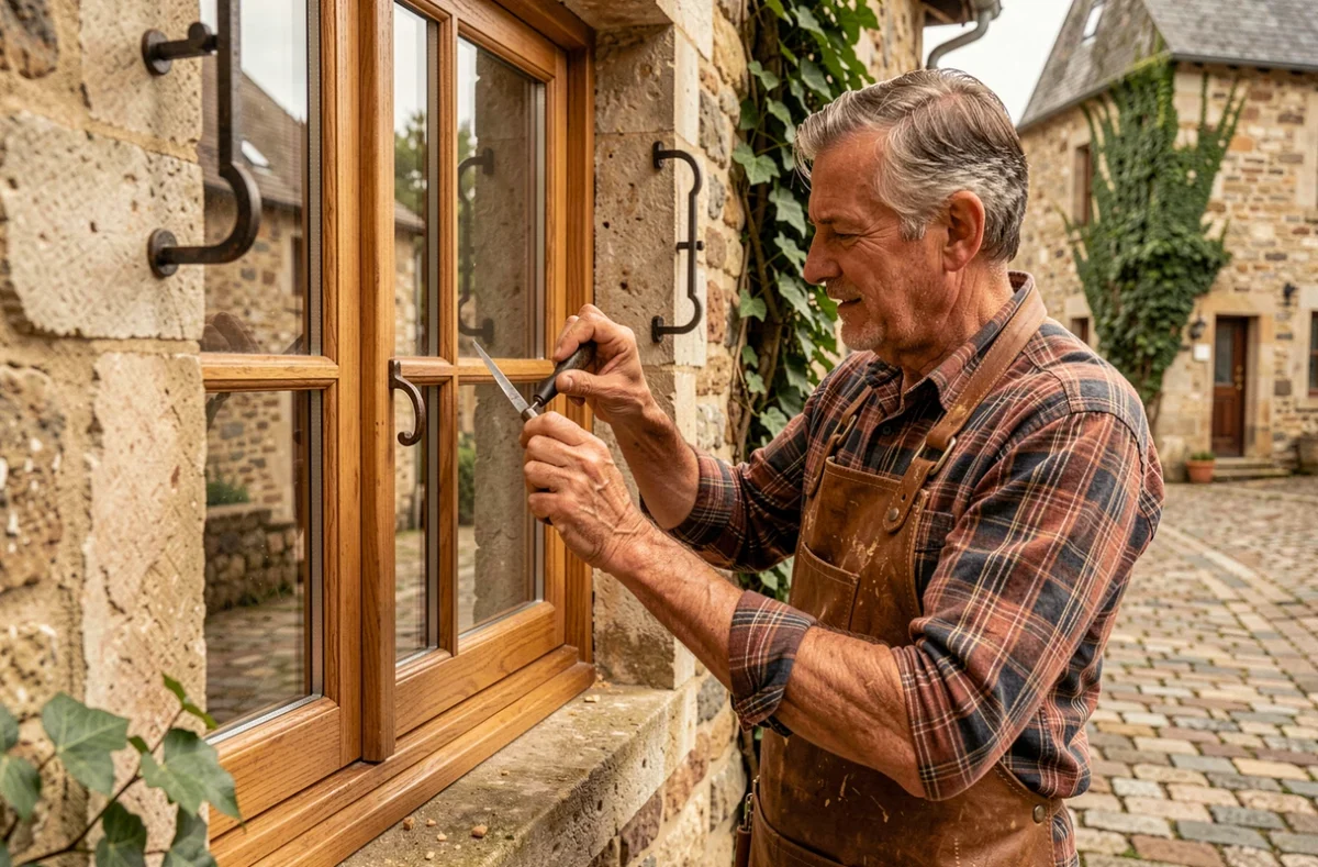 Maître menuisier de Menuiserie Harriet installant une fenêtre en chêne massif sur une maison de caractère béarnaise