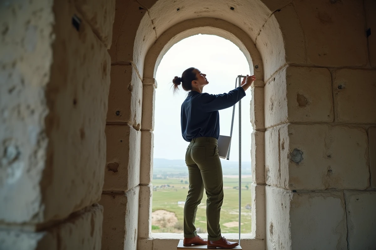 Femme mesurant la profondeur de l'embrasure d'une fenêtre en arc dans un bâtiment ancien avant isolation