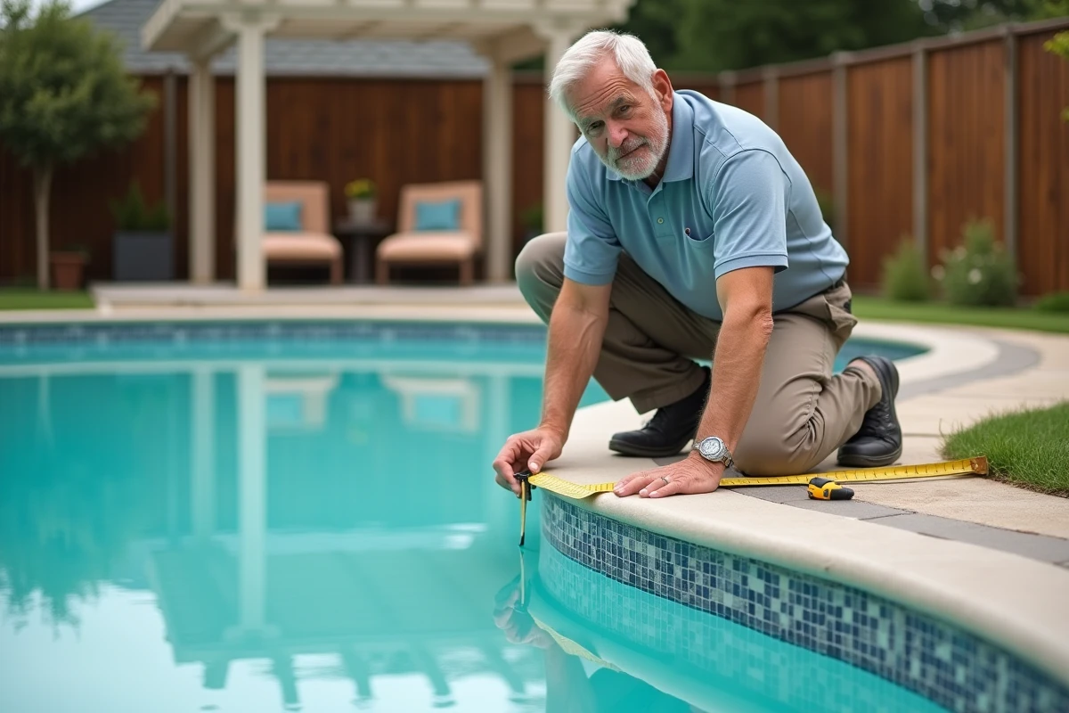 Homme mesurant le contour d'une piscine en forme libre pour commander une couverture sur mesure