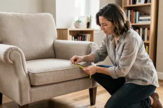 Femme mesurant le siège d'un fauteuil avec un mètre ruban pour choisir la bonne housse extensible