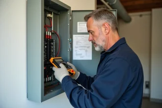 Électricien inspectant un tableau électrique lors d'une mise en conformité électrique dans un bâtiment résidentiel