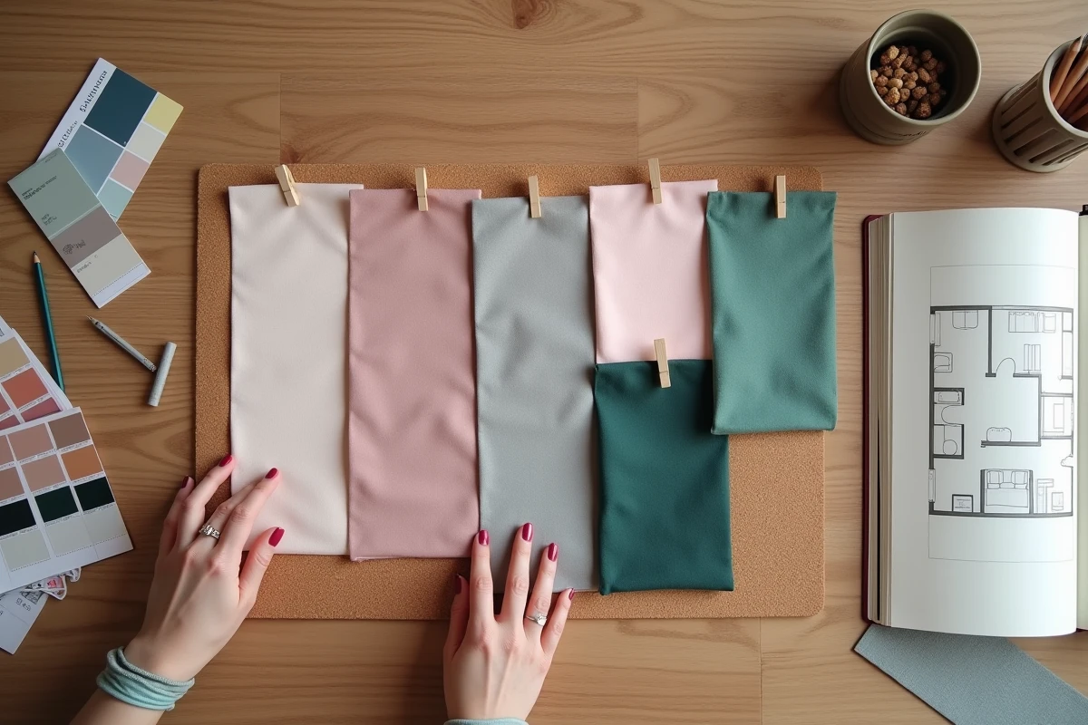 Planche d'ambiance de décoration intérieure avec échantillons de tissus, nuanciers Pantone et croquis pour harmoniser les couleurs d'une maison