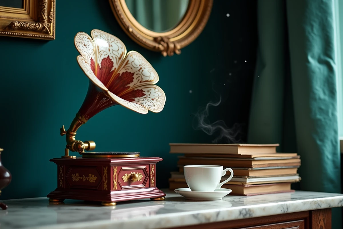 Nature morte d'un gramophone victorien orné avec un pavillon en porcelaine peinte posé sur du marbre entouré de disques 78 tours anciens
