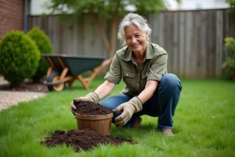 Femme épandant du compost naturel sur une pelouse verte dans un jardin suburban, jardinage écologique