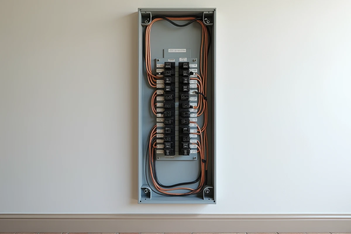 Gros plan d'un nouveau tableau électrique résidentiel avec disjoncteurs organisés et câblage cuivre