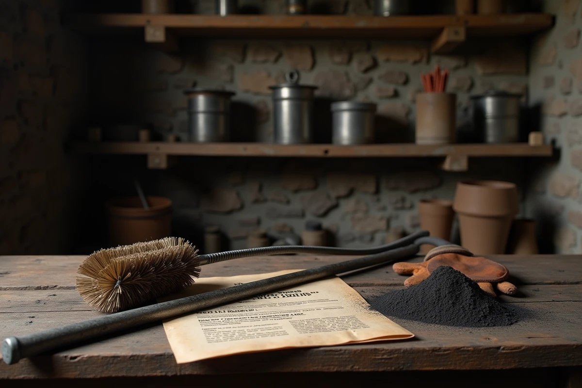 Outils de ramonage de cheminée posés sur un établi en bois avec un certificat de ramonage en français