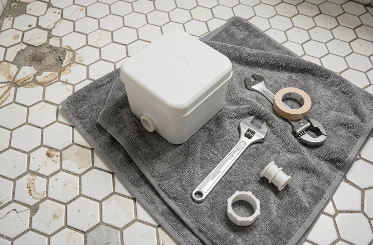 Réservoir lave-mains WC et outils de plomberie disposés sur le sol d'une salle de bains avant installation