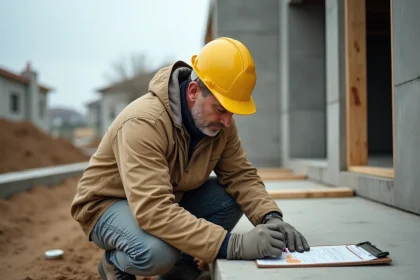 Ouvrier de chantier qui mesure un volume en m³ pour calculer les matériaux d'une fondation en béton