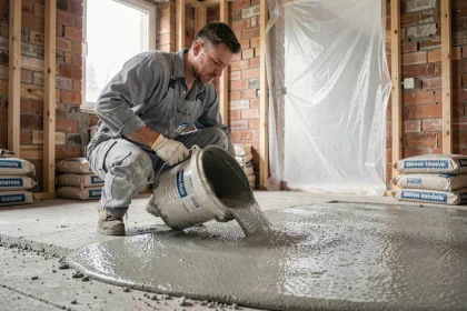 Ouvrier versant un mortier dosé de ragréage autosivant sur une chape en béton brut dans un chantier de rénovation intérieure