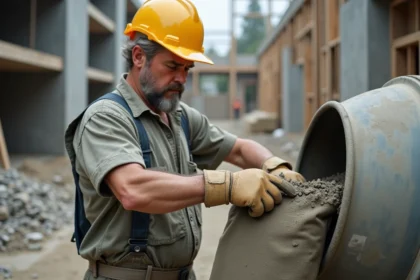 Ouvrier du bâtiment versant un sac de ciment dans une bétonnière sur un chantier de construction