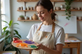 Palette d'artiste avec les trois couleurs secondaires orange, violet et vert mélangées à partir de pigments primaires