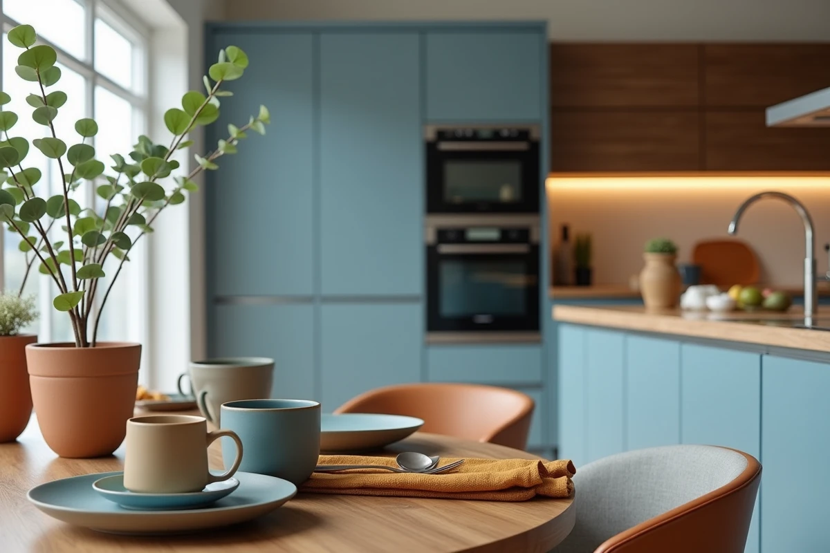 Cuisine ouverte avec armoires bleu poudré, plan de travail en noyer et accessoires en céramique pour une palette de couleurs harmonieuse