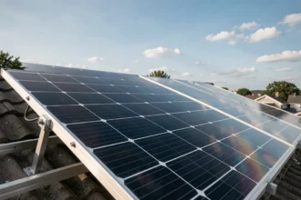 Panneau solaire 500W installé sur un toit résidentiel avec ciel bleu en arrière-plan