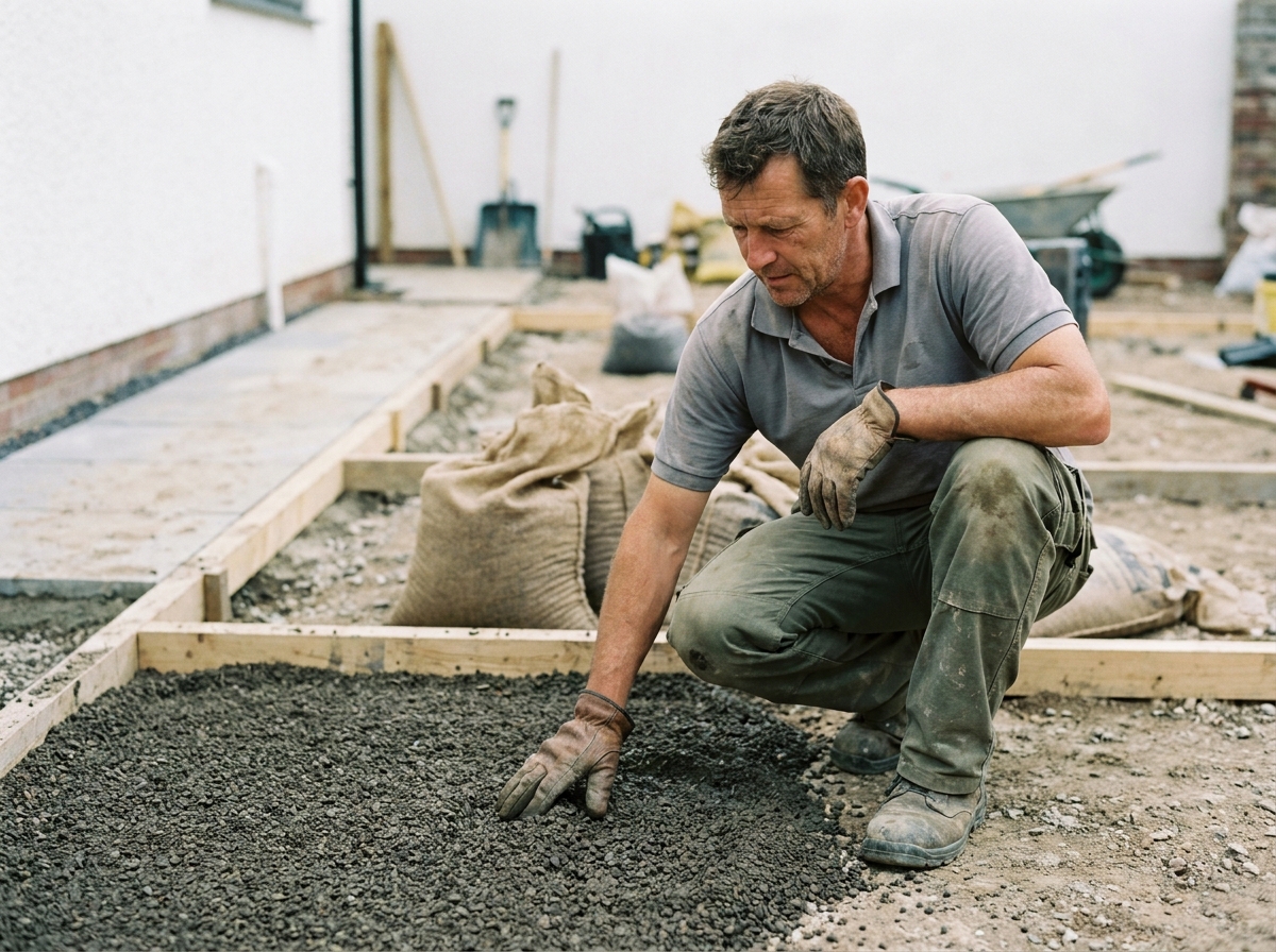 Artisan paysagiste inspectant du gravier lors de la rénovation d'une cour extérieure