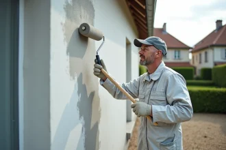 Artisan peintre en train de repeindre la façade d'une maison individuelle avec un rouleau sur perche