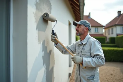 Artisan peintre en train de repeindre la façade d'une maison individuelle avec un rouleau sur perche