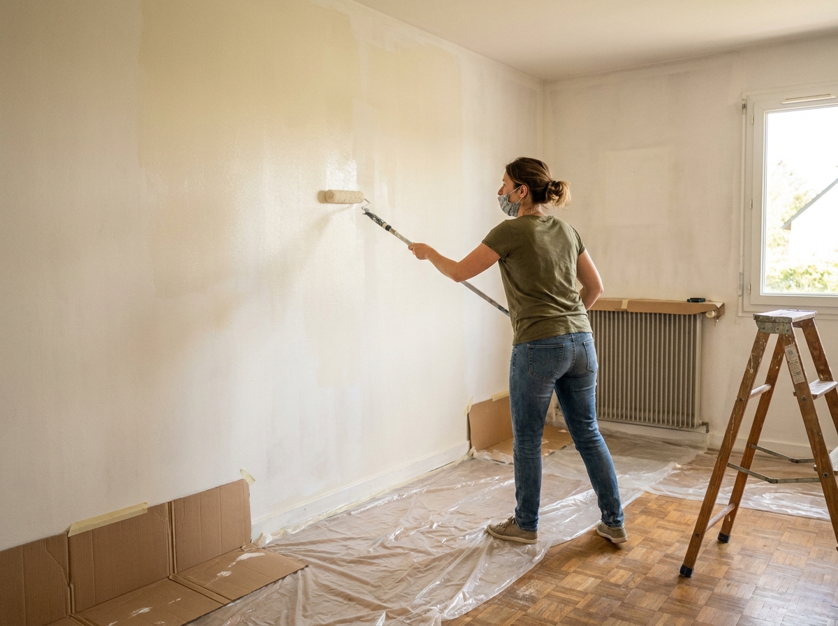 Femme appliquant de la peinture au rouleau sur un mur intérieur lors d'une rénovation maison en Bretagne