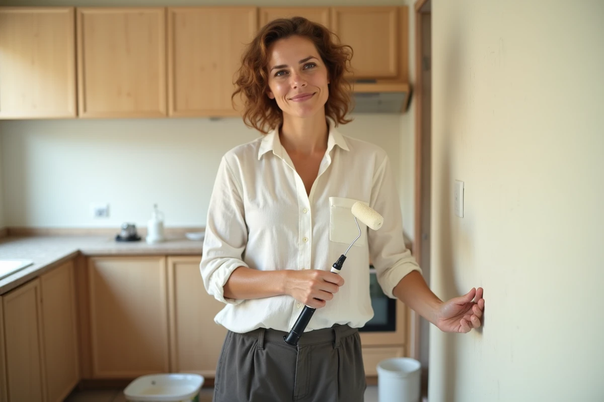Femme appliquant de la peinture au rouleau sur un mur intérieur correctement séché lors d'une rénovation de cuisine