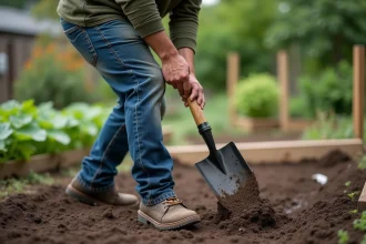 Jardinier utilisant une pelle bêche à lame pointue pour creuser la terre dans un potager