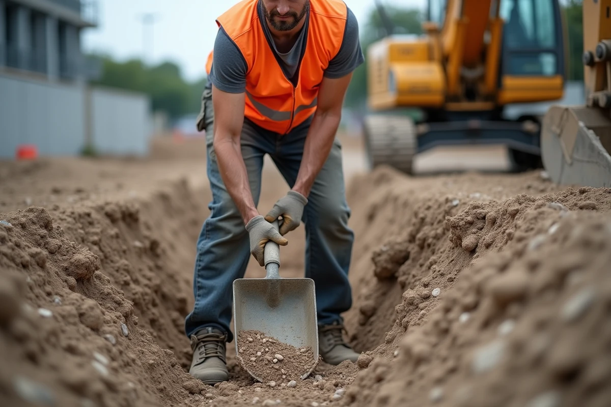 Ouvrier de chantier utilisant une pelle carrée pour creuser une tranchée sur un site de construction