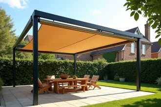 Pergola autoportante en aluminium avec toile rétractable installée sur une terrasse en pierre dans un jardin résidentiel moderne