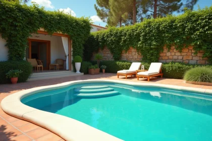 Piscine coque en polyester blanche dans un jardin méditerranéen avec carrelage en terre cuite et haies taillées