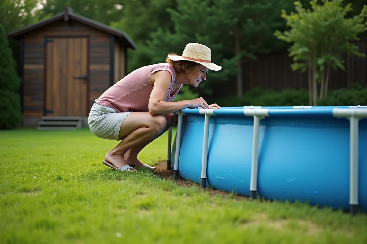 Piscine hors sol ronde posée sur gazon naturel dans un jardin résidentiel