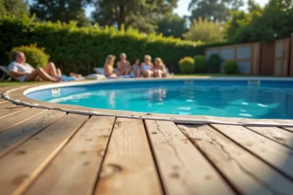 Piscine hors sol installée sur une terrasse en bois dans un jardin de maison individuelle