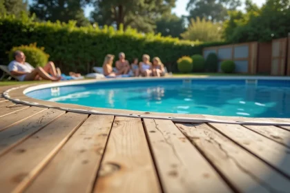 Piscine hors sol installée sur une terrasse en bois dans un jardin de maison individuelle