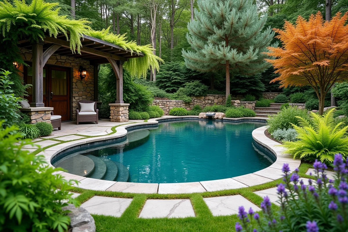 Piscine naturelle entourée de fougères, salvias, thym rampant et érable japonais dans un jardin paysager style naturel